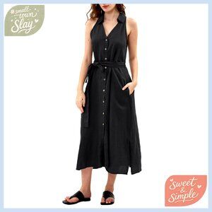 100% Linen Sleeveless Button Down Midi Dress with Belt